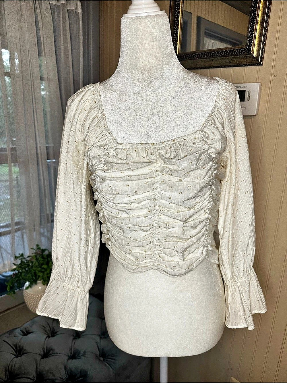 Zara M Ivory Swiss Dot Ruched Crop Top Bell Sleeve Square Neck Boho Cottagecore - Picture 2 of 9